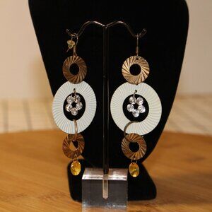 Boho Retro Dangle Earrings 70s metallic & white circular discs & rhinestones 3"